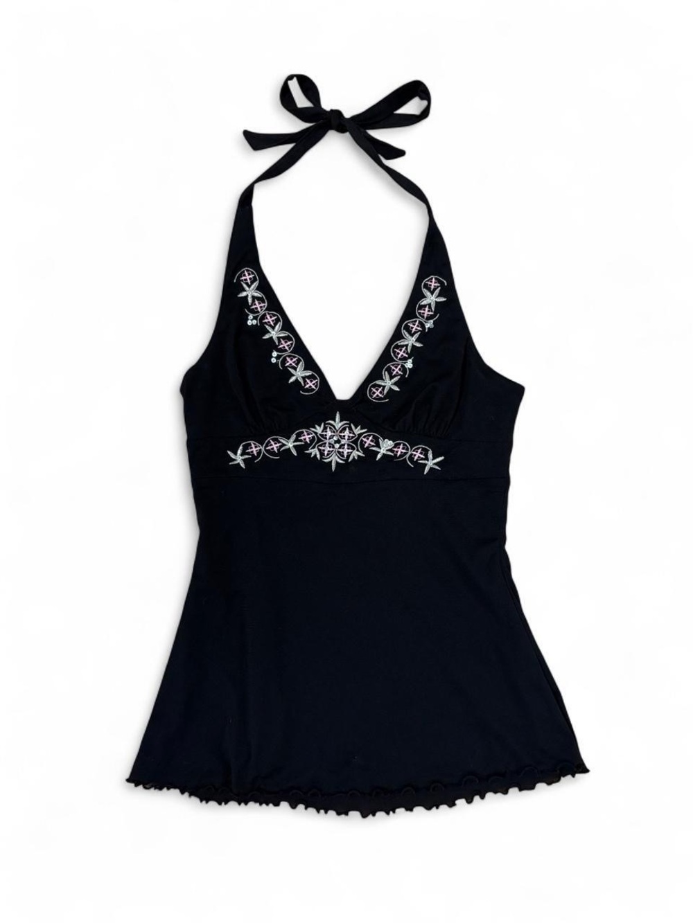 Black embroidered halter top from Mariposa